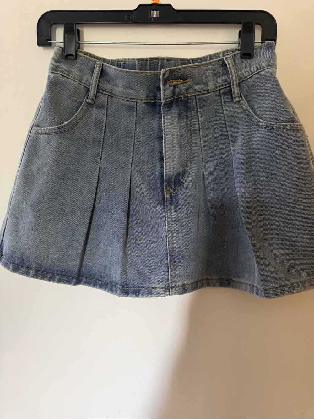 Orange Kiss Denim Pleated Circle Skirt in Light Blue pit to pit 14’length 14’
